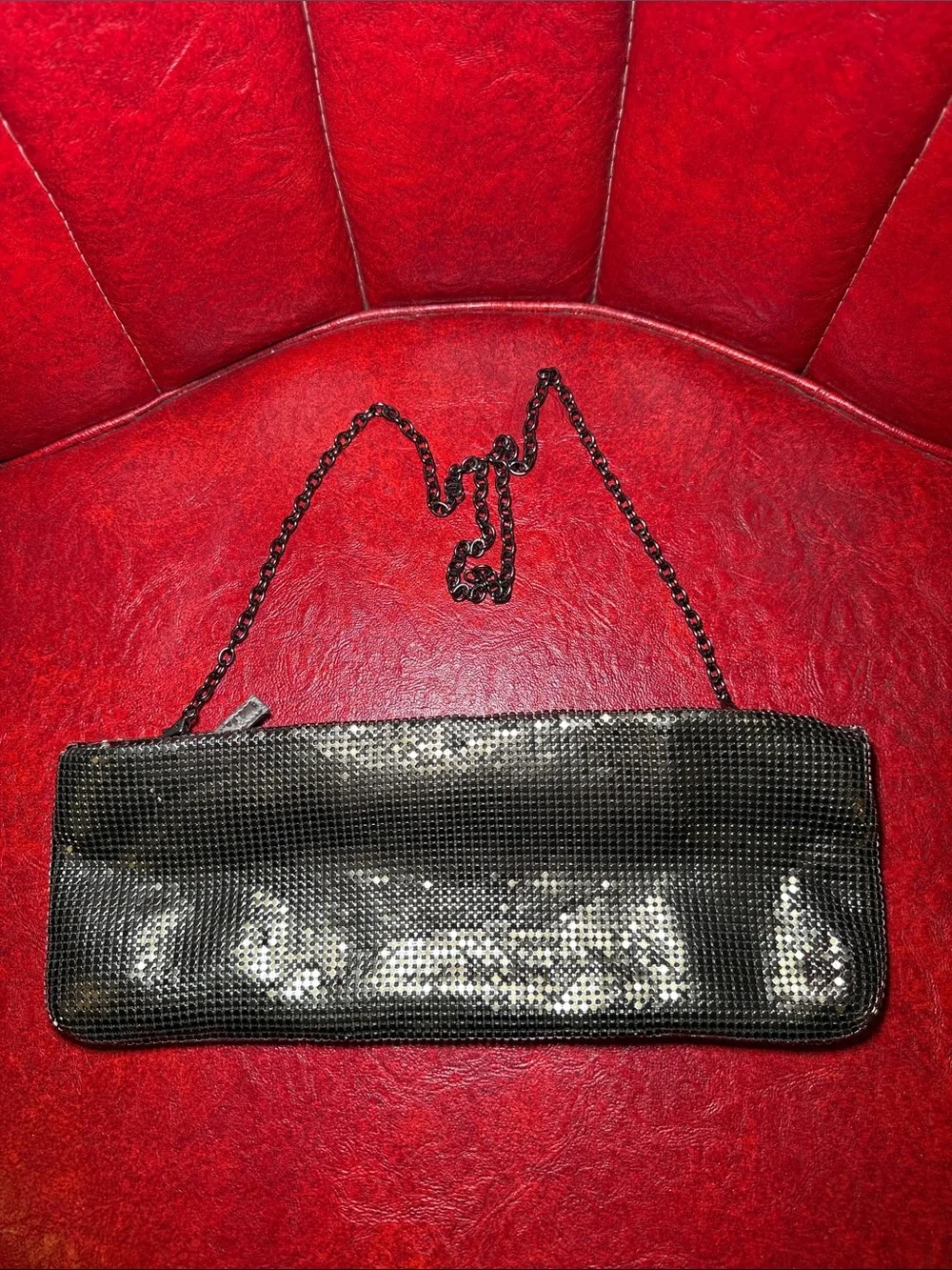 Chico’s Gunmetal Metal Mesh Shoulder Bag Clutch Chain Evening Purse